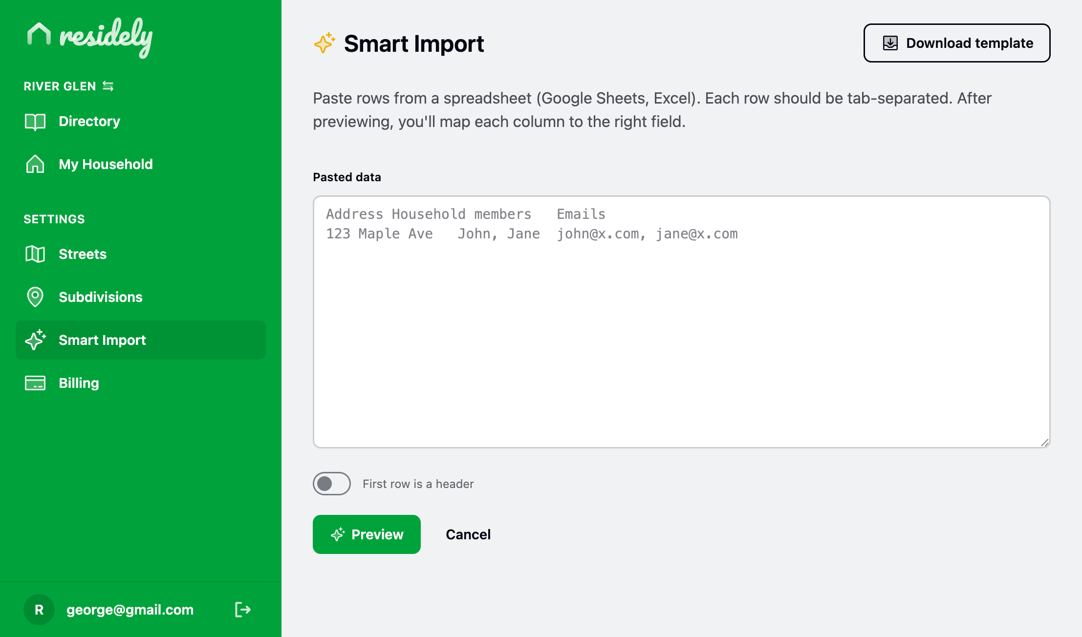 Residely Smart Import screen