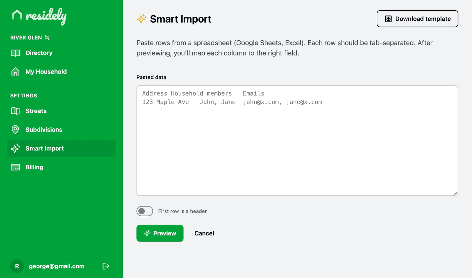 Residely Smart Import mapping spreadsheet columns to directory fields