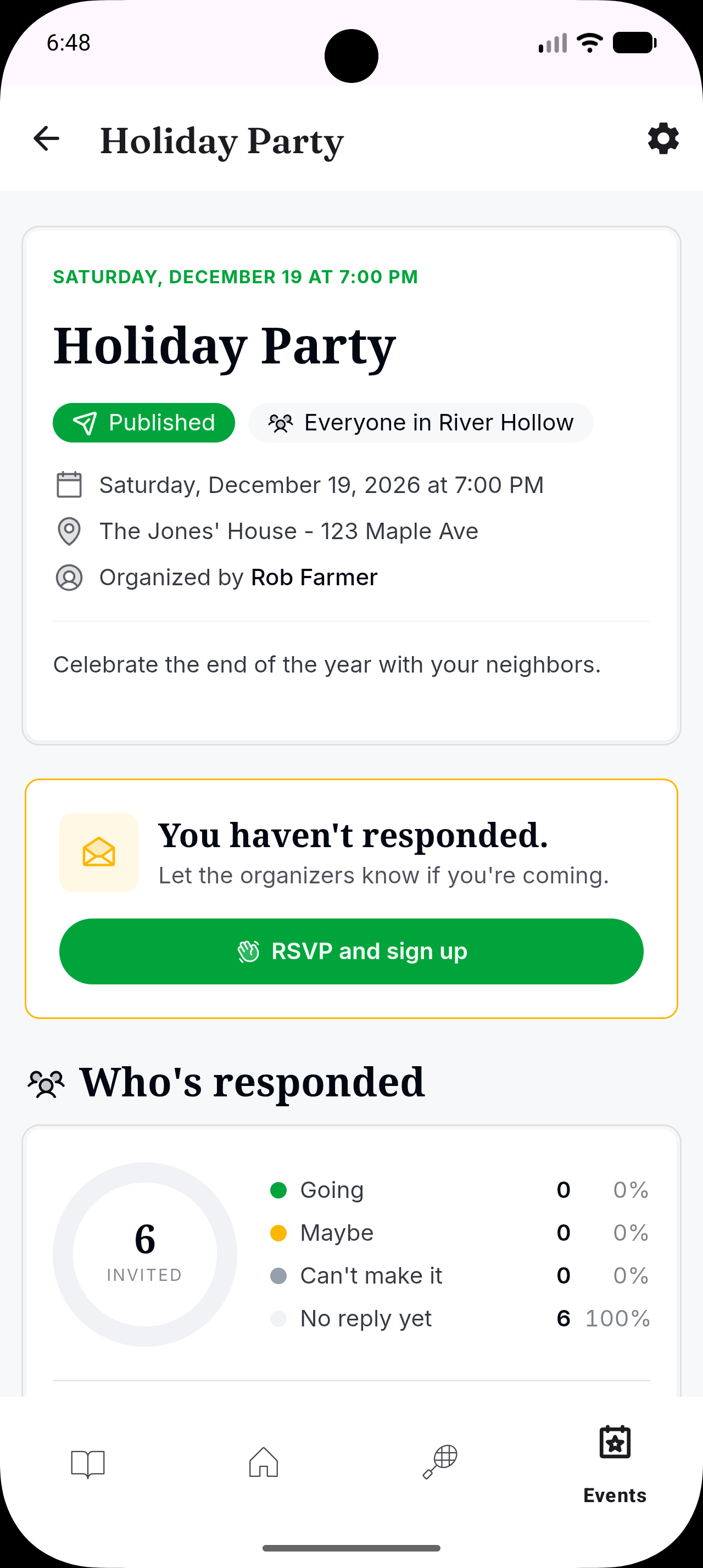 Residely Android event with RSVPs and sign-ups