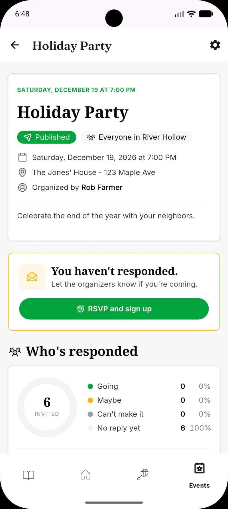Residely Android event with RSVPs and sign-ups