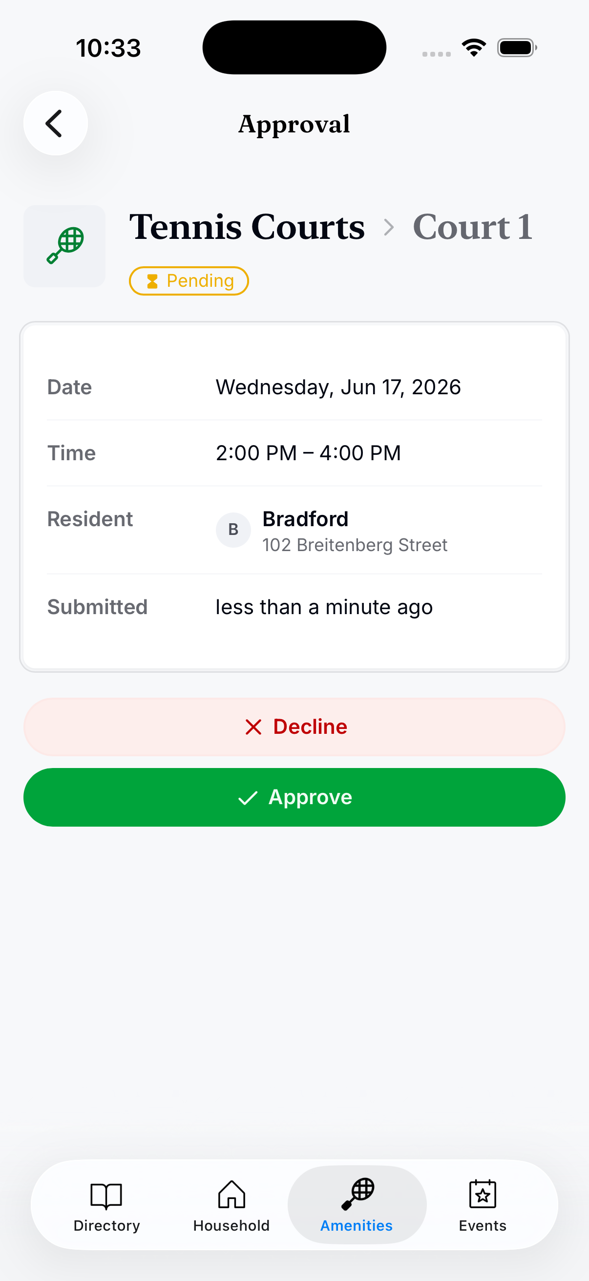 Residely iOS, approving a court reservation request