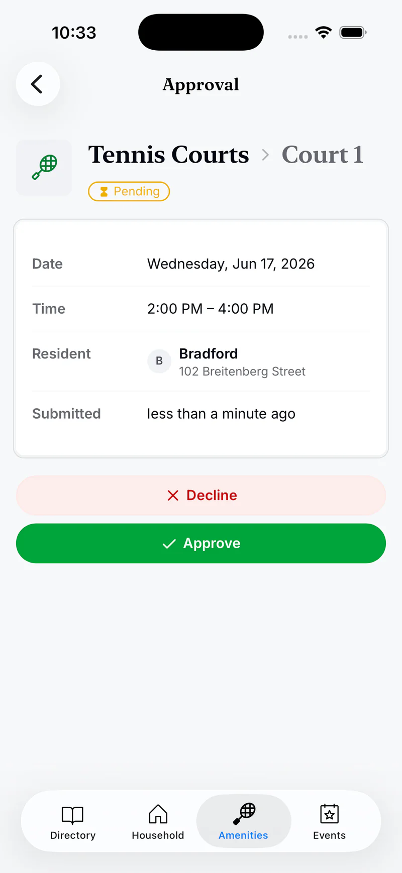 Residely iOS, approving a court reservation request