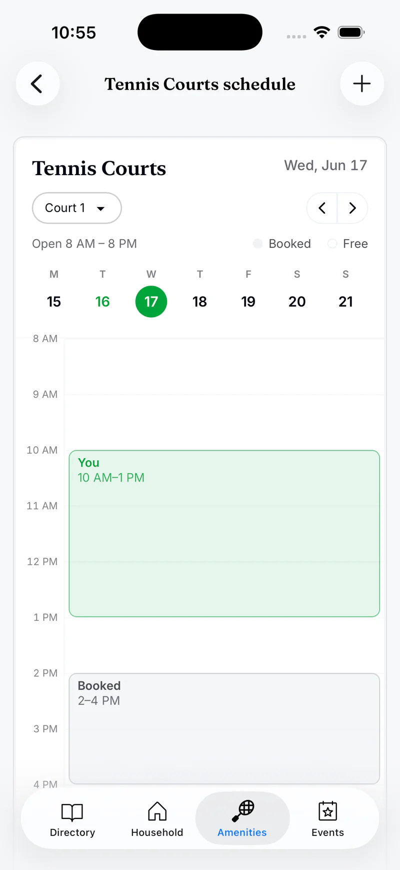Residely iOS week calendar showing a member's own bookings and anonymous booked blocks