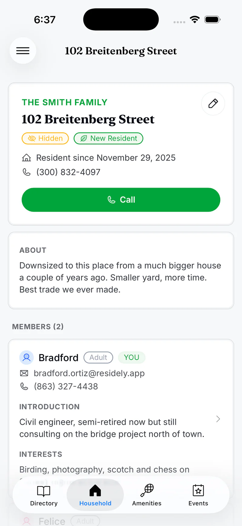 Residely iOS directory privacy controls with a hidden household