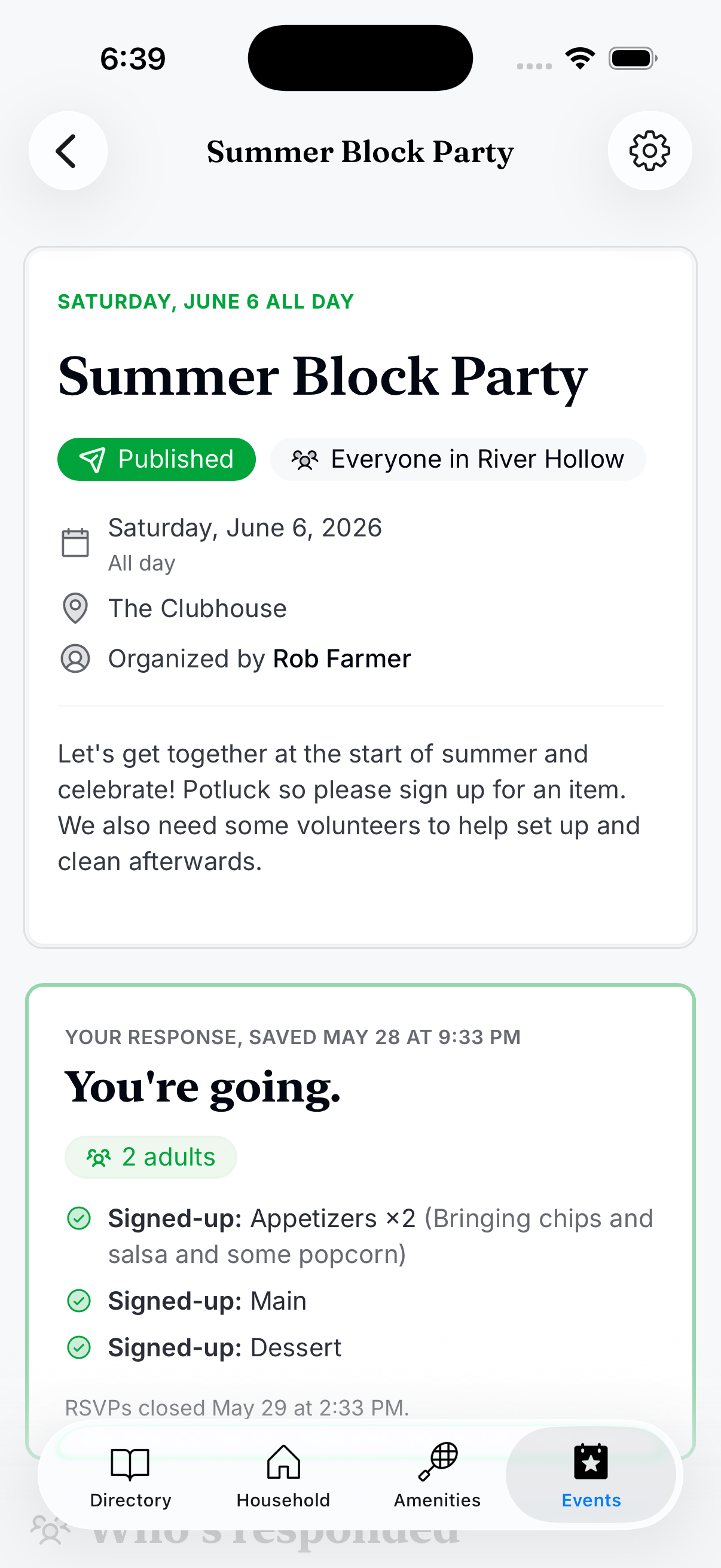Residely iOS event detail with RSVPs and sign-ups