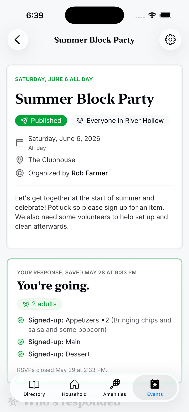 Residely iOS event detail with RSVPs and sign-ups