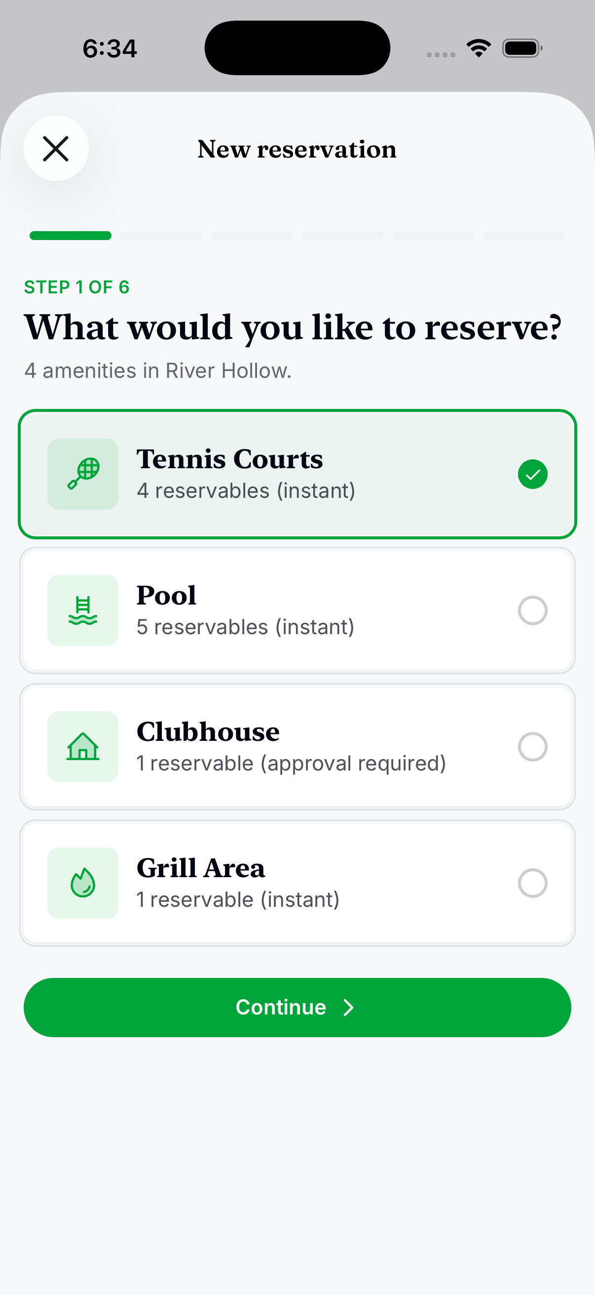 Residely iOS amenity reservation wizard