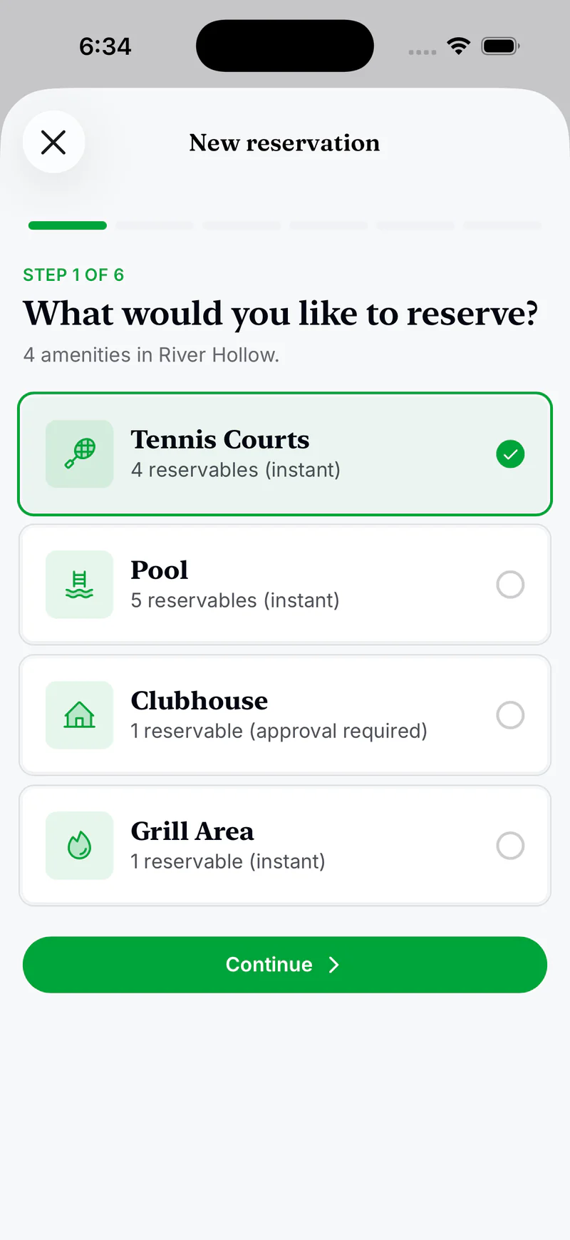 Residely iOS amenity reservation wizard