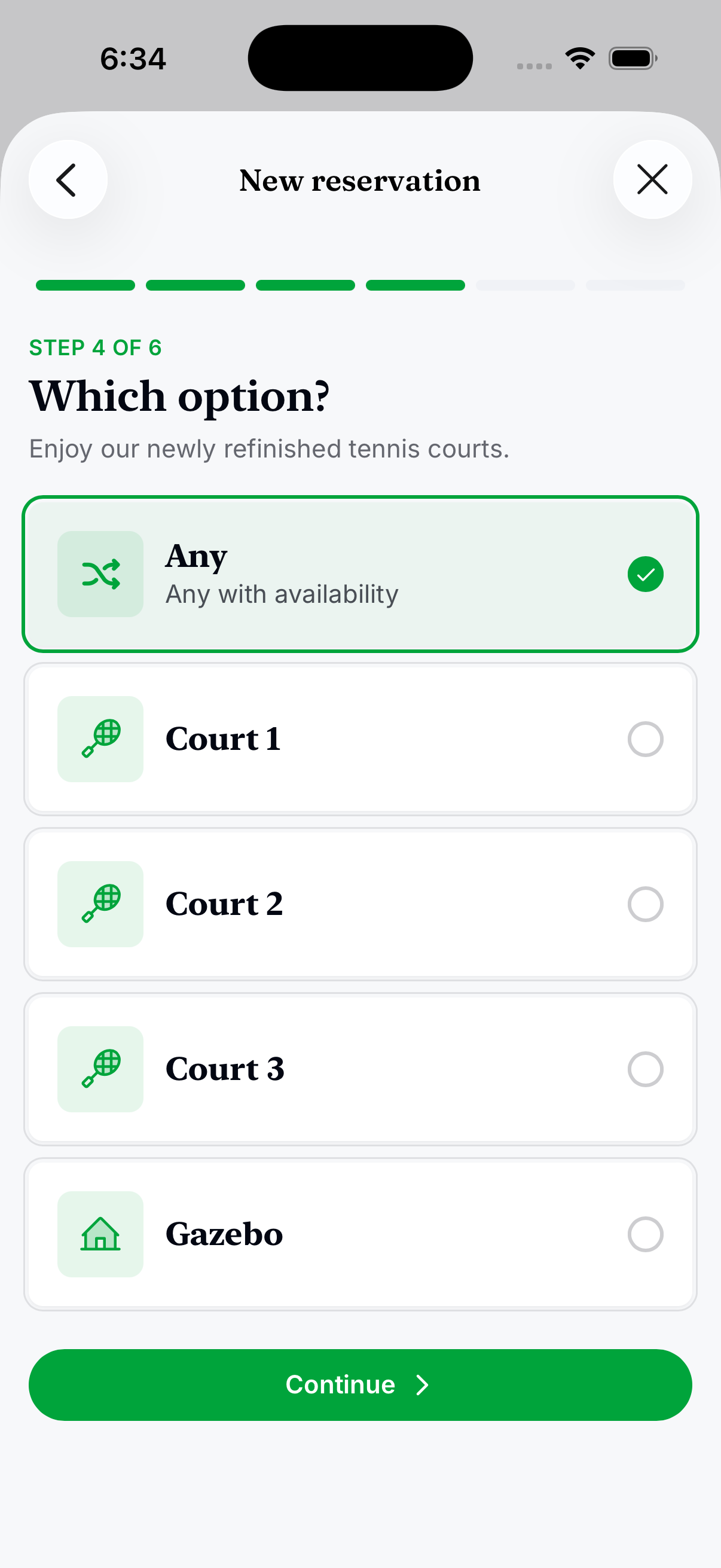 Residely iOS amenity reservation, choosing a tennis court sub-unit