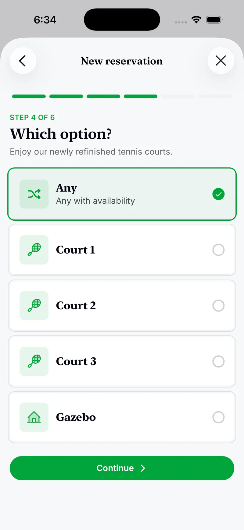Residely iOS amenity reservation, choosing a tennis court sub-unit