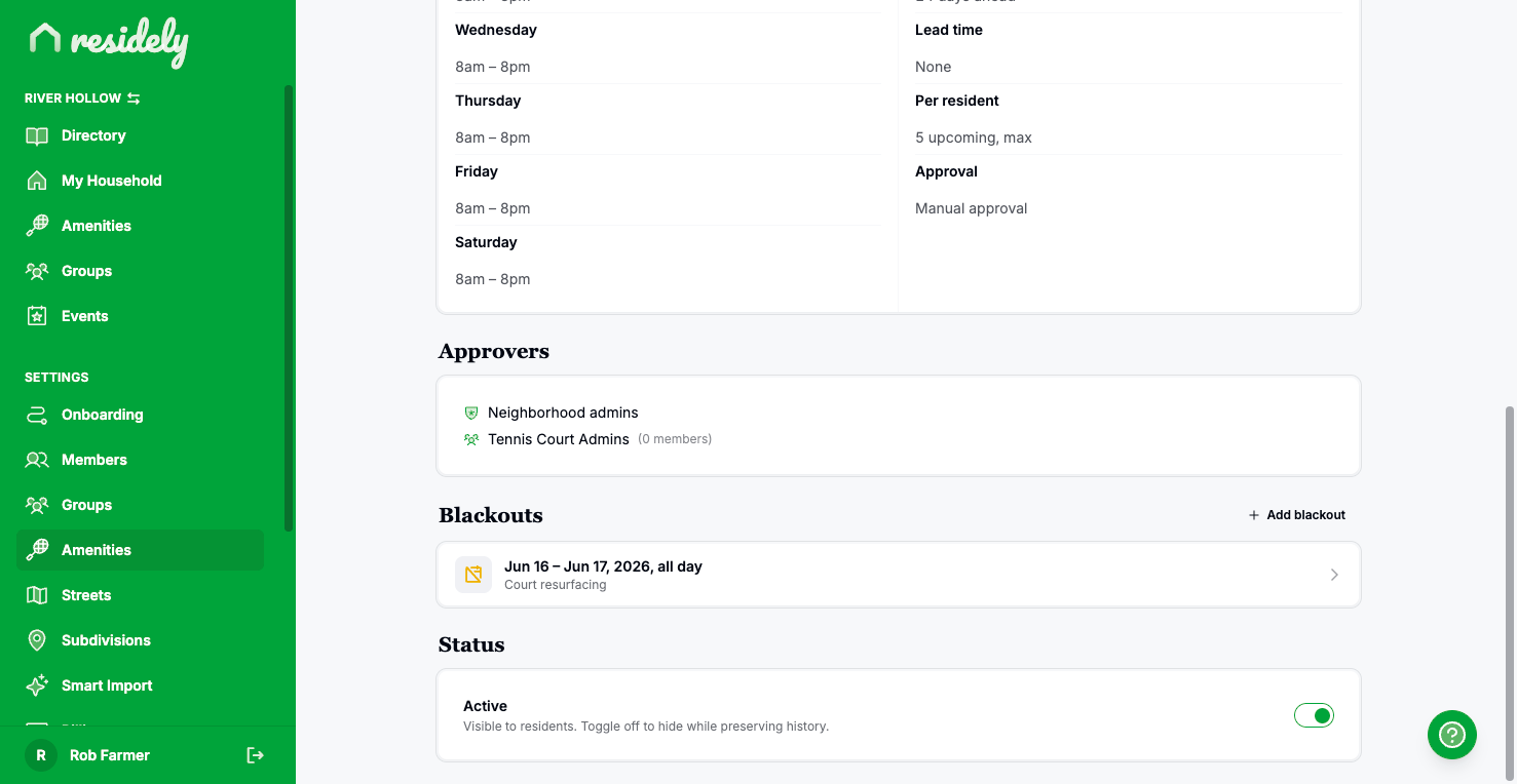 Residely tennis courts approvers and blackouts settings, on the web