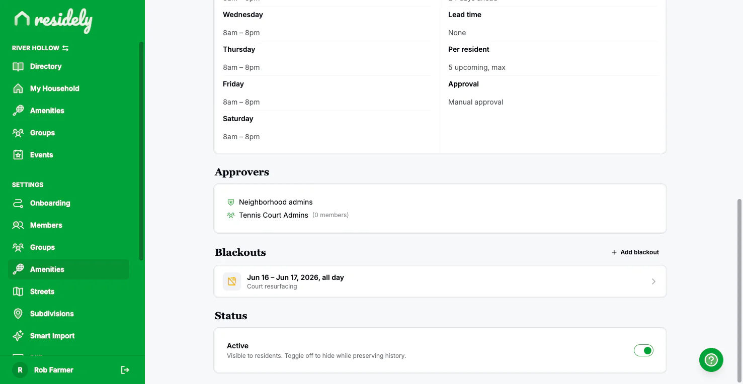 Residely tennis courts approvers and blackouts settings, on the web