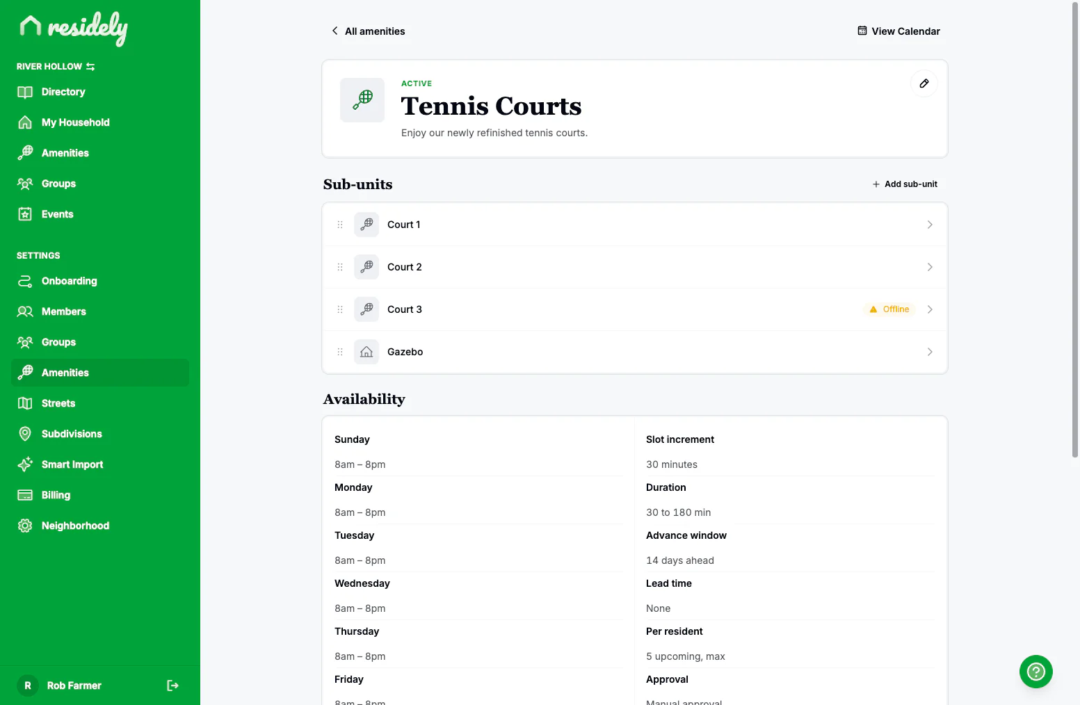 Residely tennis courts sub-units with one court marked offline, on the web