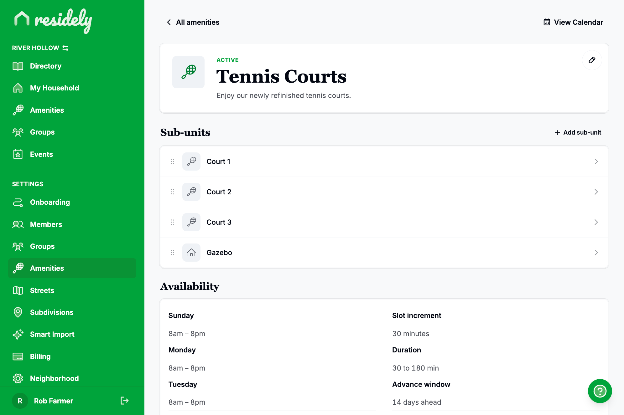Residely tennis courts amenity, rules and hours, on the web