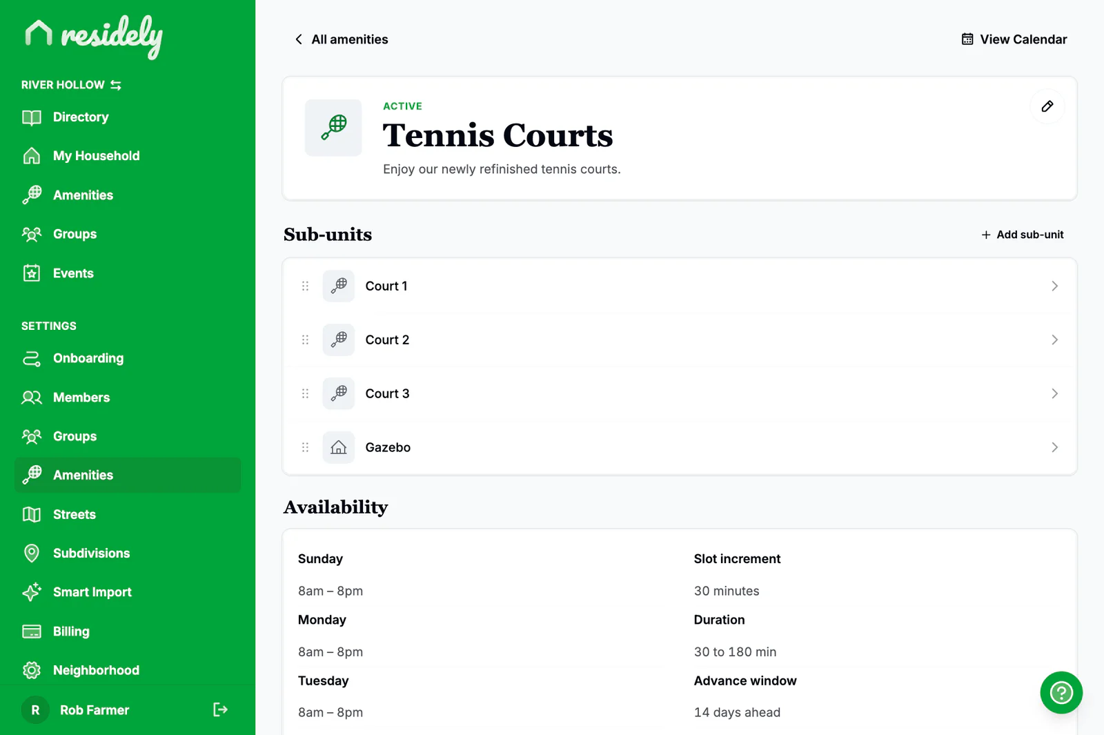 Residely tennis courts amenity, rules and hours, on the web
