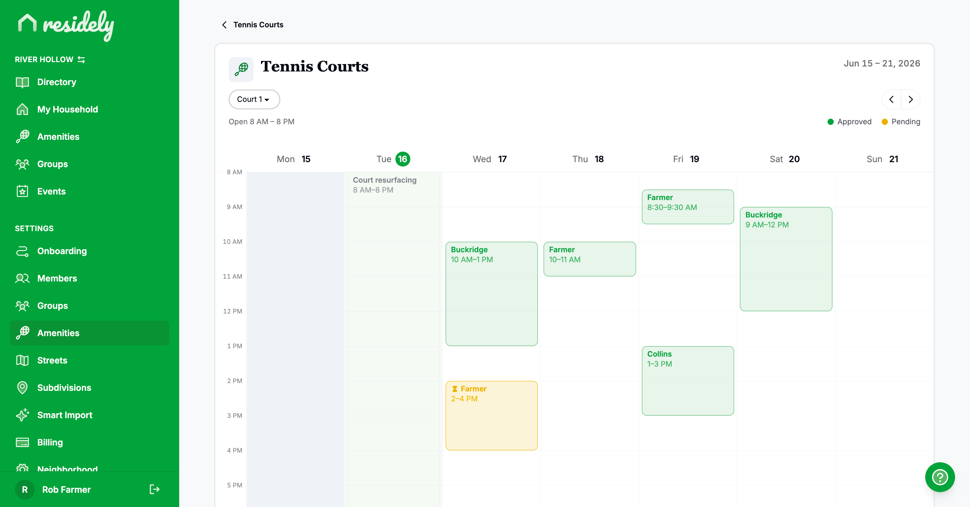 Residely admin week calendar across all tennis courts, on the web