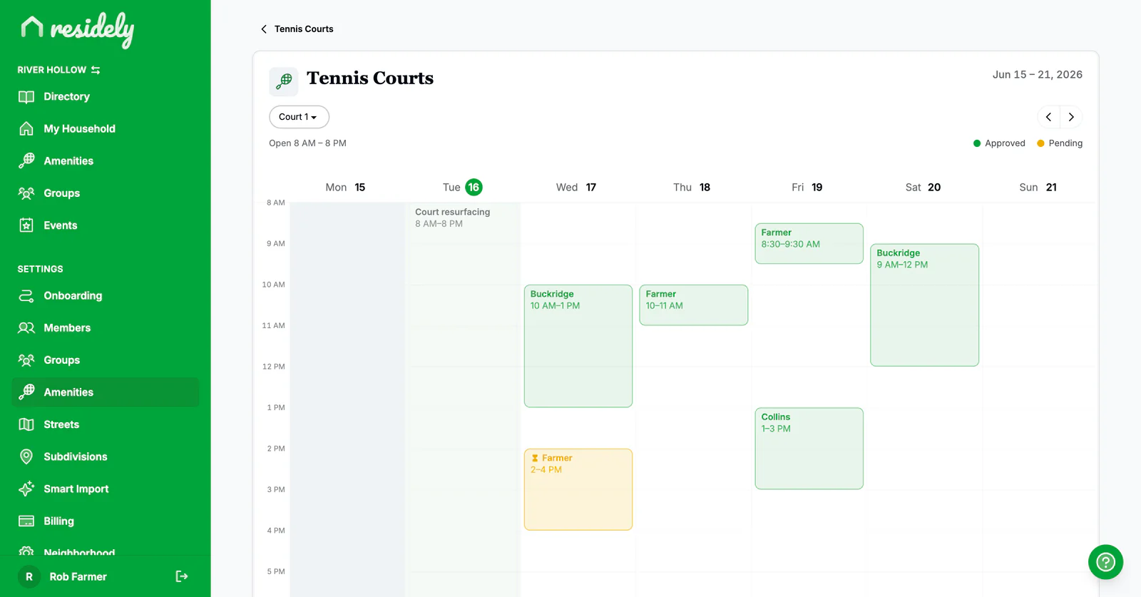 Residely admin week calendar across all tennis courts, on the web