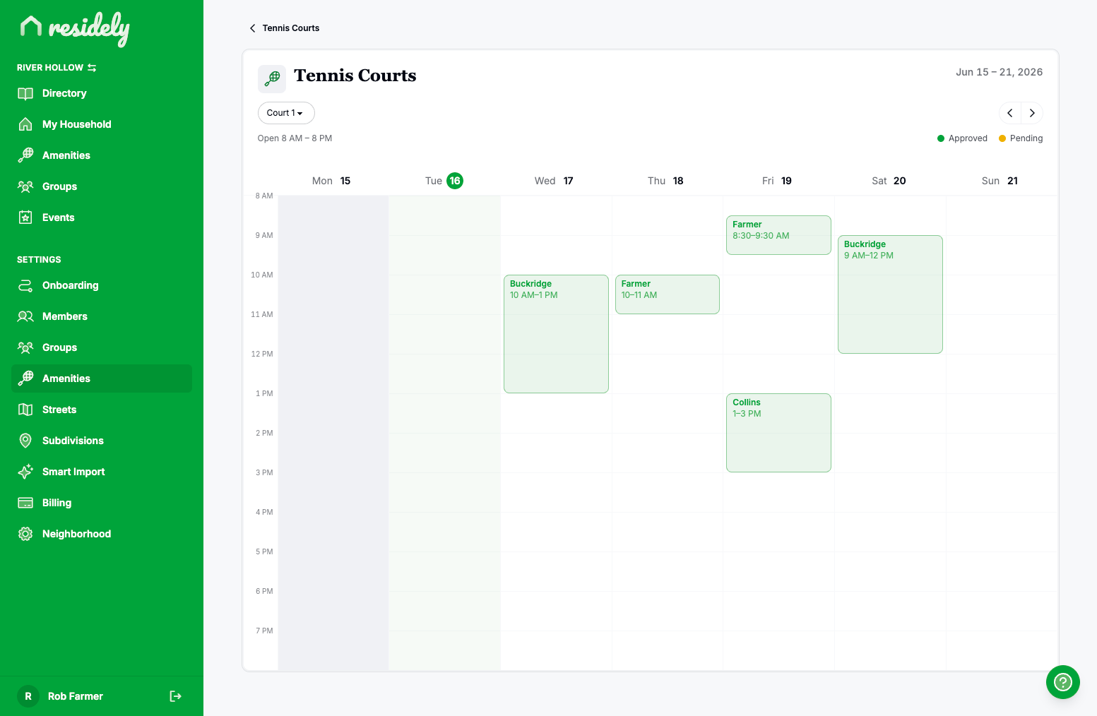 Residely tennis courts week calendar, color-coded by status, on the web