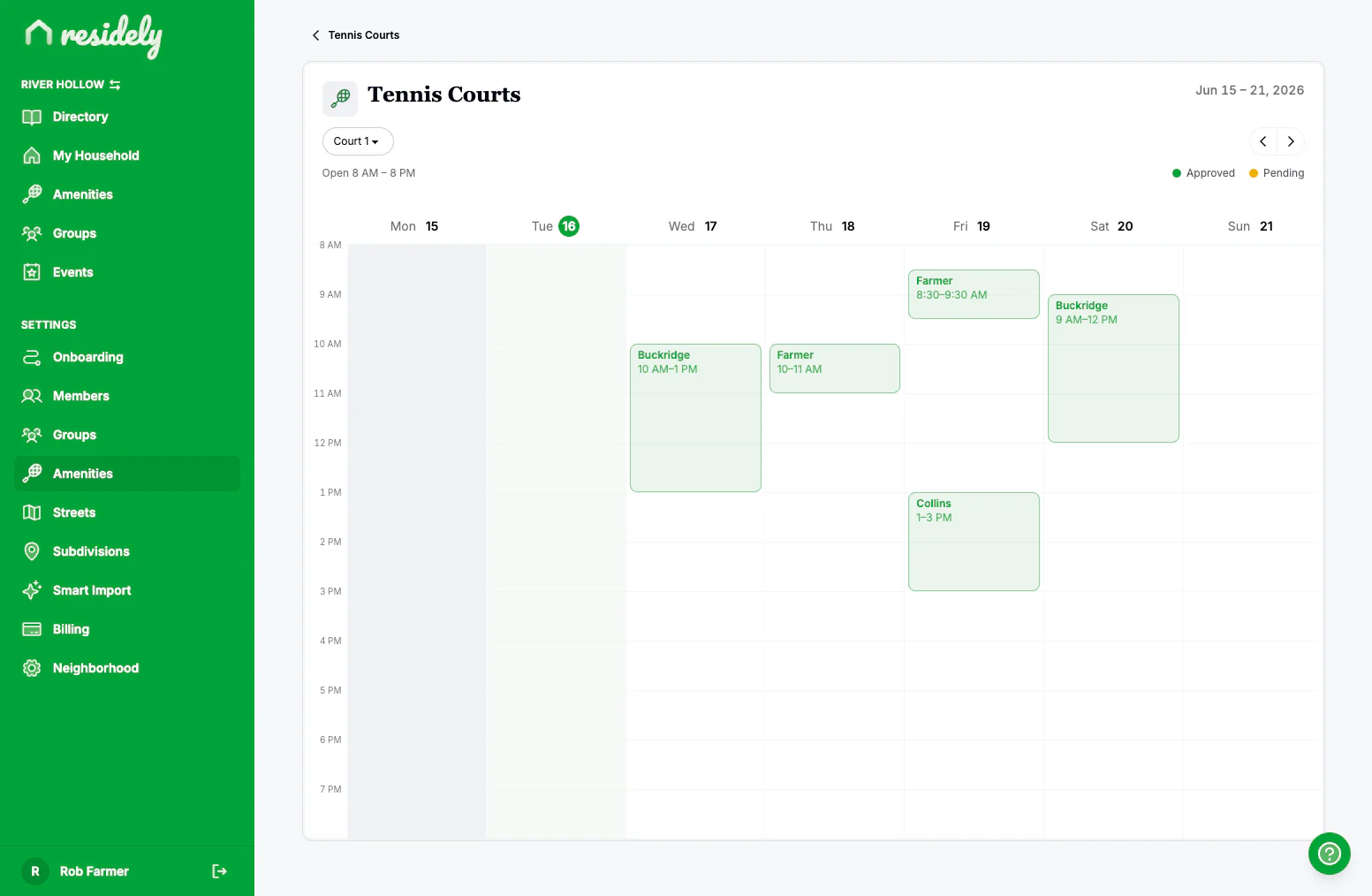 Residely tennis courts week calendar, color-coded by status, on the web
