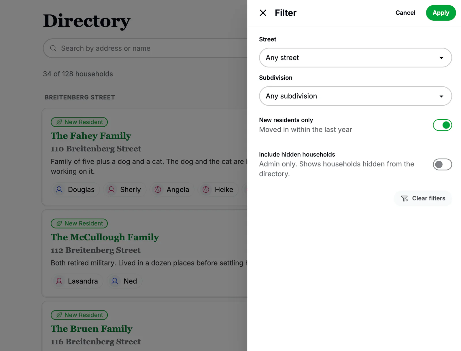 Residely web directory showing households with a New Resident badge