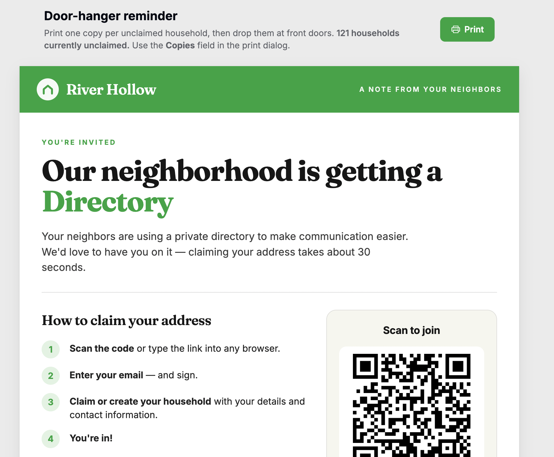 Residely printable QR-coded door-hanger