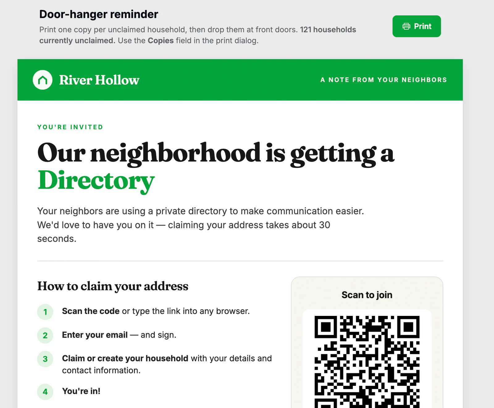Residely printable QR-coded door-hanger