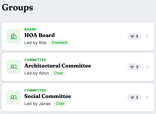 Residely groups with the HOA board and committees
