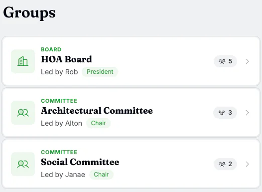 Residely groups with the HOA board and committees