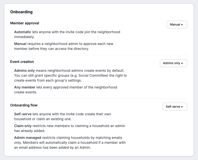 Residely neighborhood onboarding and approval settings
