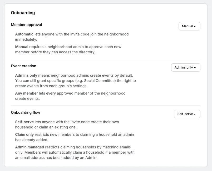 Residely neighborhood onboarding and approval settings