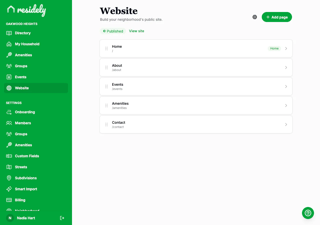 The Residely website builder showing a list of pages: Home, About, Events, Amenities, and Contact