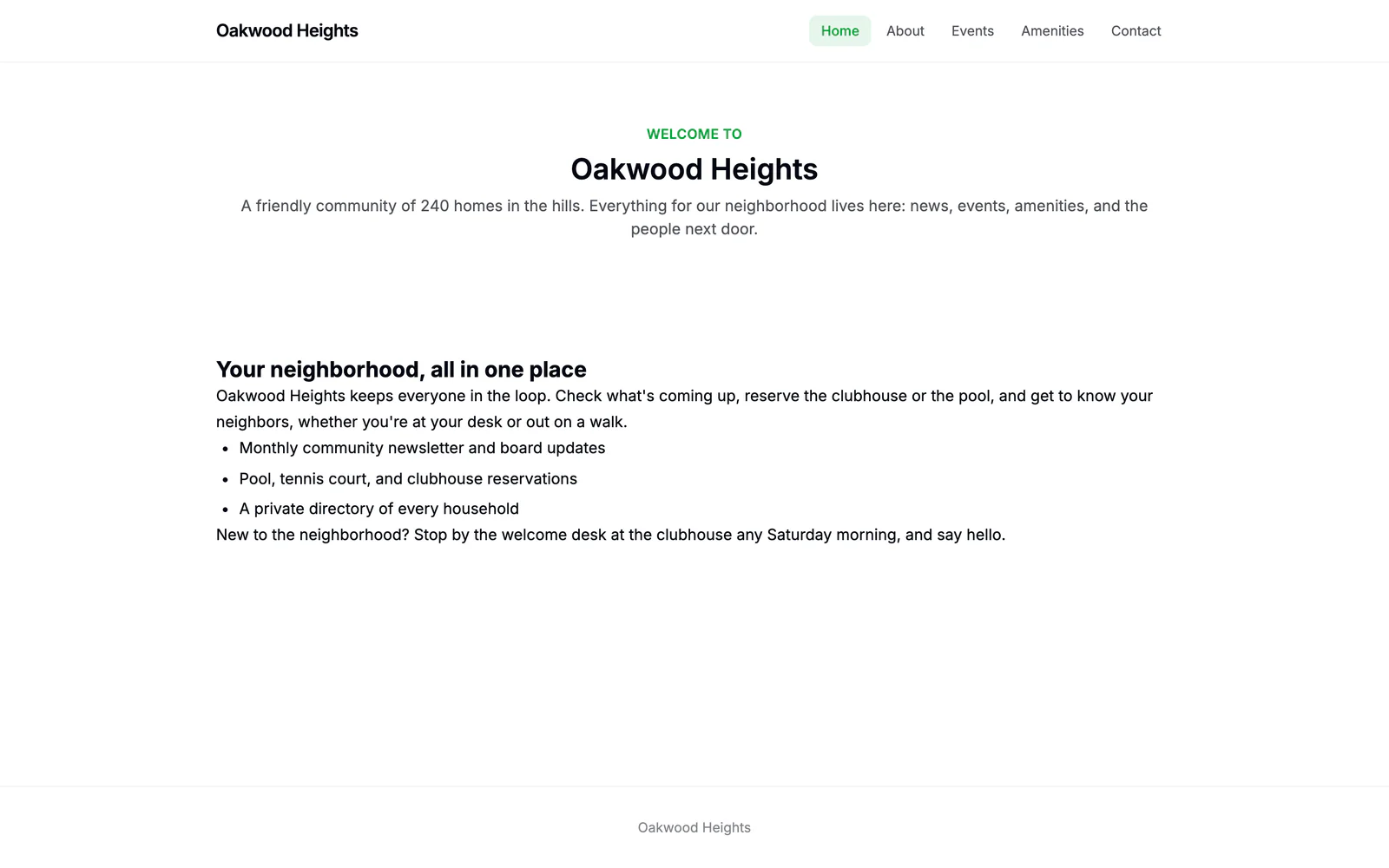 A published Residely neighborhood website with a themed header, a welcome section, and page navigation
